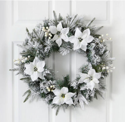 24” Flocked Poinsettia and Pine Artificial Christmas Wreath with 50 Warm White LED Lights