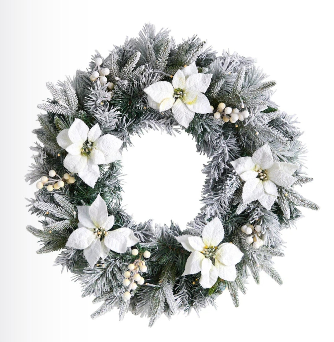 24” Flocked Poinsettia and Pine Artificial Christmas Wreath with 50 Warm White LED Lights