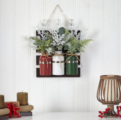 17” Holiday Assorted Christmas Pine Hanging Three Piece Mason Jar Arrangement Wall Art Décor