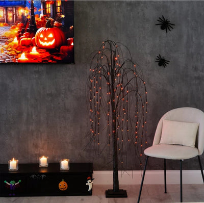 5’ Pre-Lit Halloween Black Willow Artificial Fall Tree with 144 Orange & Purple LED Lights