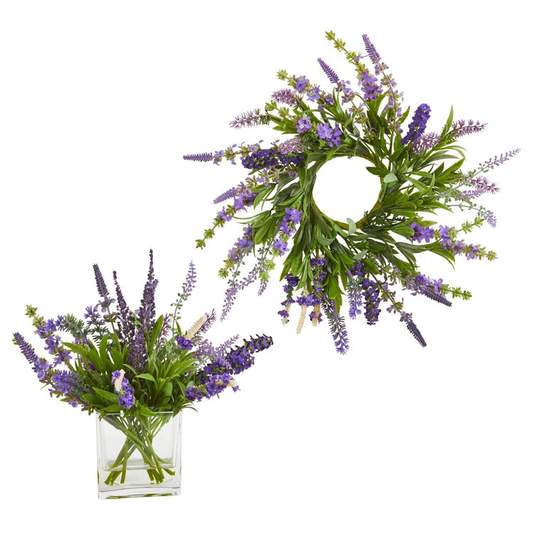 12'' Lavender Arrangement and 14” Lavender Wreath (Set of 2)