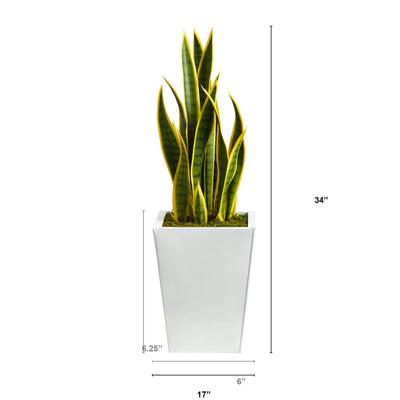 31” Sansevieria Artificial Plant in Black or White Metal Planter