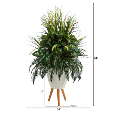 4.5’ Mixed Greens Artificial Plant in White Planter with Legs