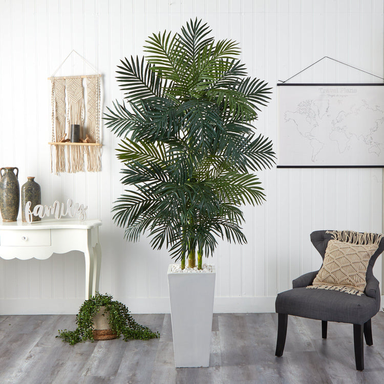 7.5' Golden Cane Palm Artificial Tree in White Tower Planter