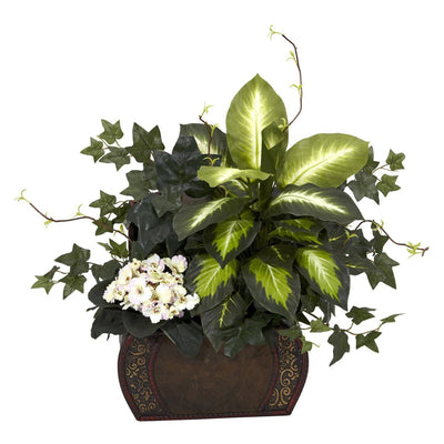 African Violet, Dieffenbachia & Ivy w/Chest Silk Plant