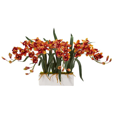 Cymbidium Artificial Arrangement in White Vase