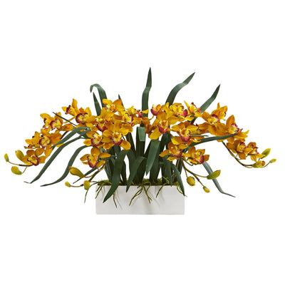 Cymbidium Artificial Arrangement in White Vase