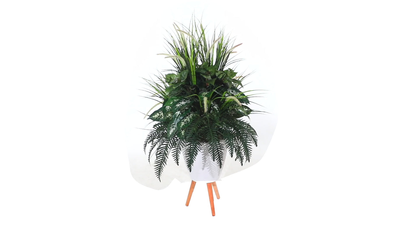 4.5’ Mixed Greens Artificial Plant in White Planter with Legs