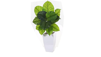 34” Large Philodendron Leaf Artificial Plant in White Metal Planter