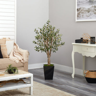 4.5’ Olive Artificial Tree in Black Metal Planter